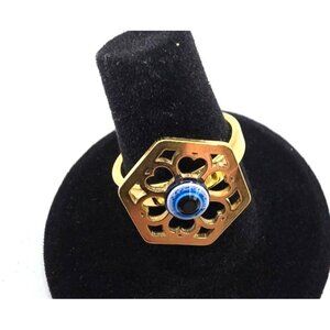 Hexagon Gold tone Ring Filigree Blue Evil Eye protection womens Jewelry